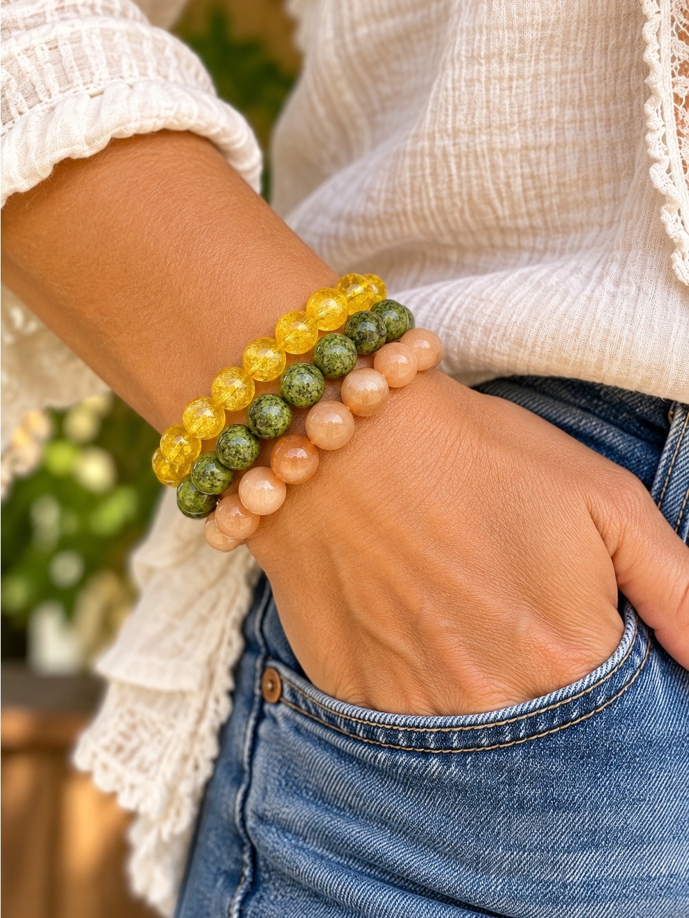 Hand Crafted Stackable Yellow, Green & Peach Beaded Stretch Bracelet Set
